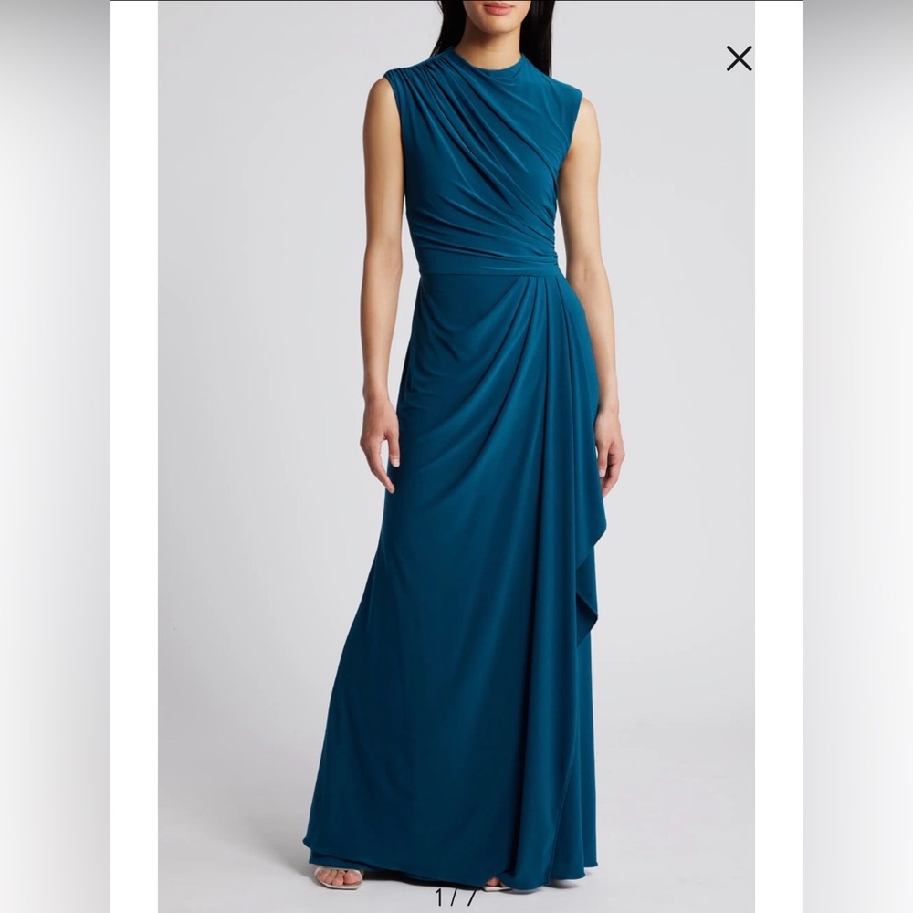 Betsy & Adam Teal Sleeveless Draped Maxi Gown
